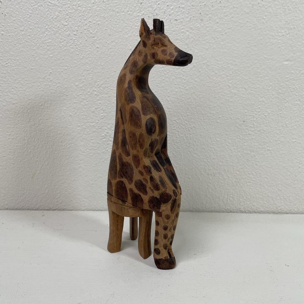 Hand carved Wooden Giraffe Figurine Sitting On Stool Vintage Safari Home Decor